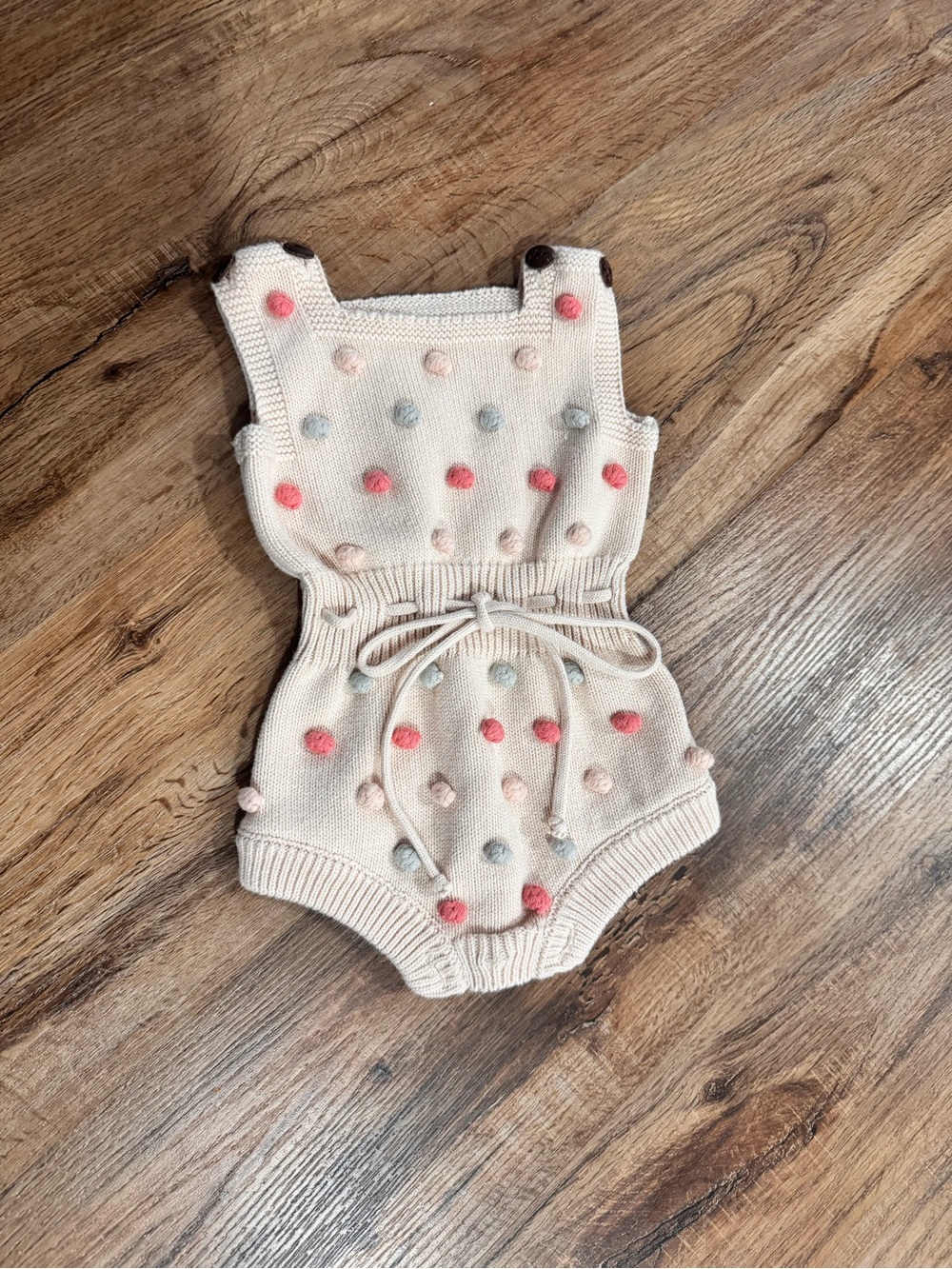 Cream Knit Baby Girl Romper with Pink & Gray Pom Dots